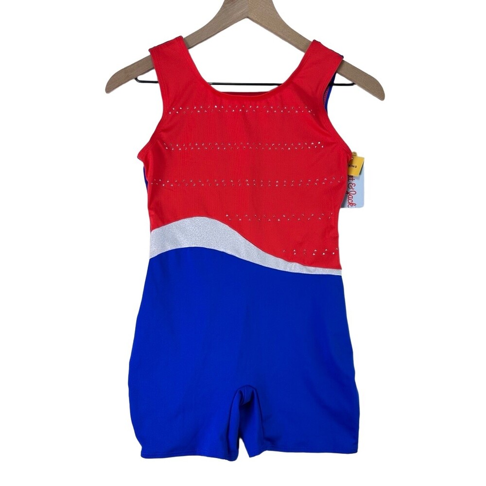 NWT Girls Red Blue Rhinestone Silver Wave Colorblock Tank Biketard Leotard XL 14